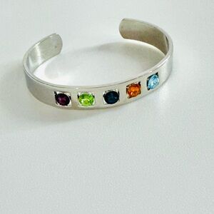 Silver Multi-Gem Cuff Bracelet - Colorful Crystal Stones